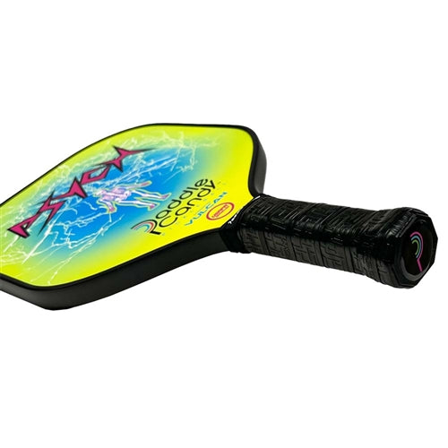 Paddle Candy Psych Paddle featuring a skeleton with a neon green glow amid a field of wild lightning bolts. The "Psych" name is printed in a sharp, equally electric style in magenta and black.