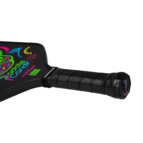 The Daniel De La Rosa Signature Edition Pickleball Paddle from Paddle Candy showcases a bright, sugar skull design on the face, with  the Paddle Candy logo.  Features an elongated handle and tapered neck for an aerodynamic feel.