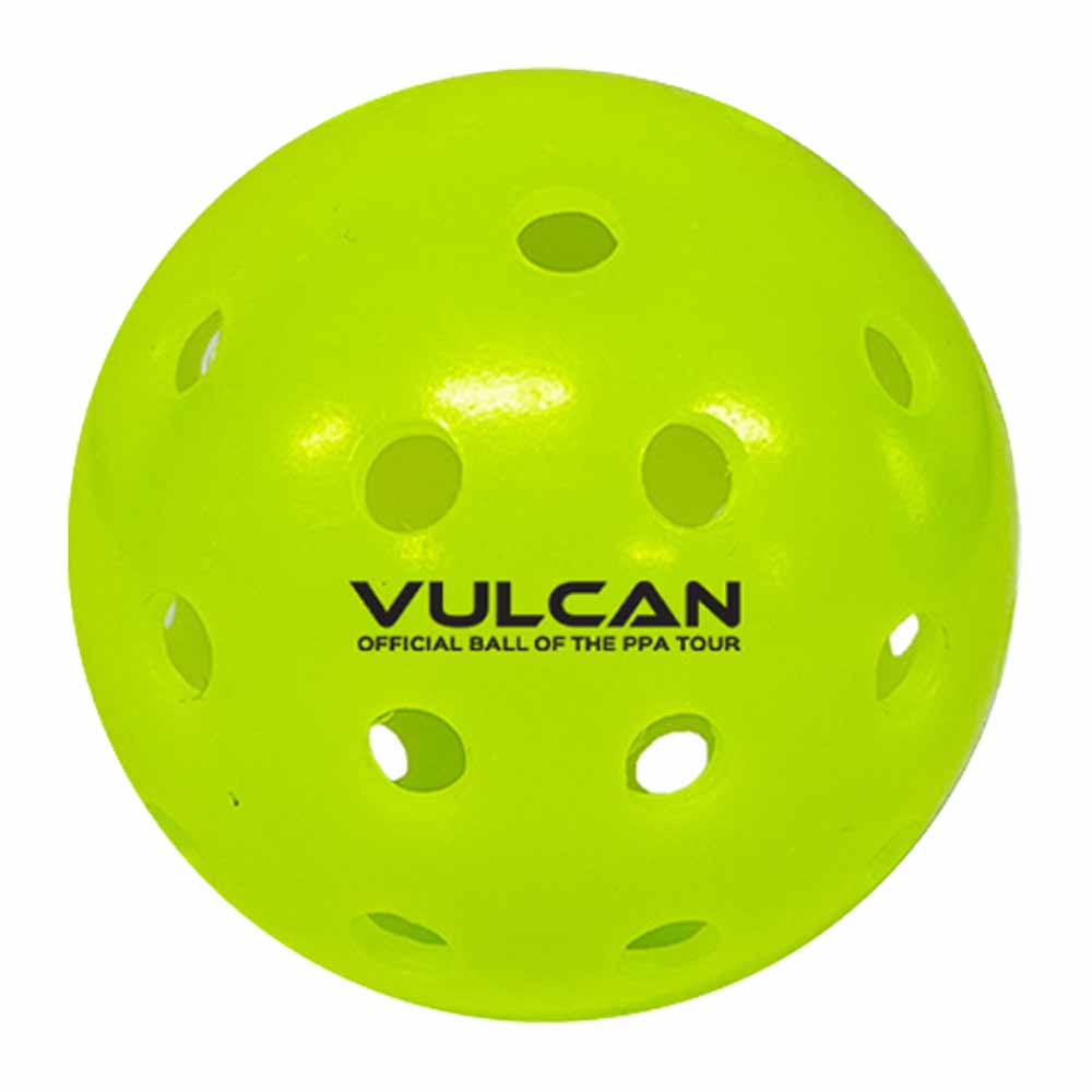 Vulcan VPRO Flight Outdoor Pickleball, single-ball close up, in high-visibility yellow.