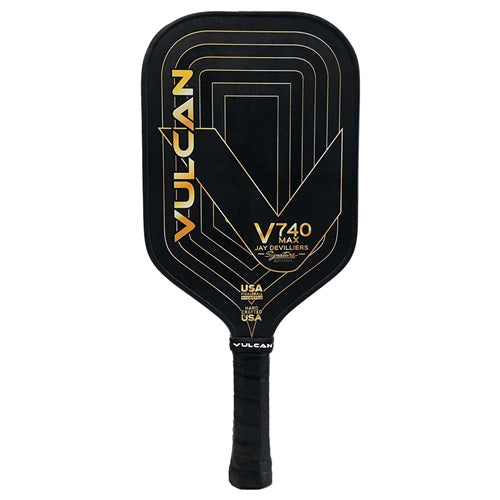 The V740 MAX Pickleball Paddle by Vulcan has a carbon-fiberglass face with StateraCore poly honeycomb core and an extended handle in stylish black and gold design.