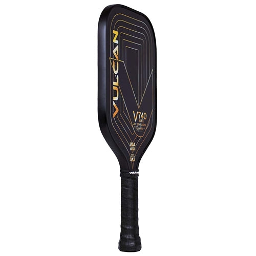 The V740 MAX Pickleball Paddle by Vulcan has a carbon-fiberglass face with StateraCore poly honeycomb core and an extended handle in stylish black and gold design.