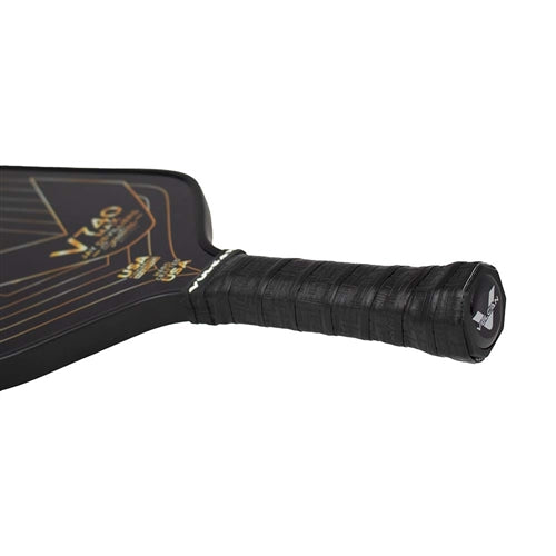 The V740 MAX Pickleball Paddle by Vulcan has a carbon-fiberglass face with StateraCore poly honeycomb core and an extended handle in stylish black and gold design.
