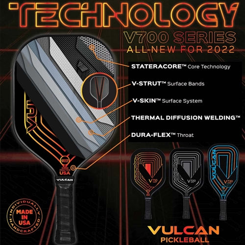 The V740 MAX Pickleball Paddle by Vulcan has a carbon-fiberglass face with StateraCore poly honeycomb core and an extended handle in stylish black and gold design.