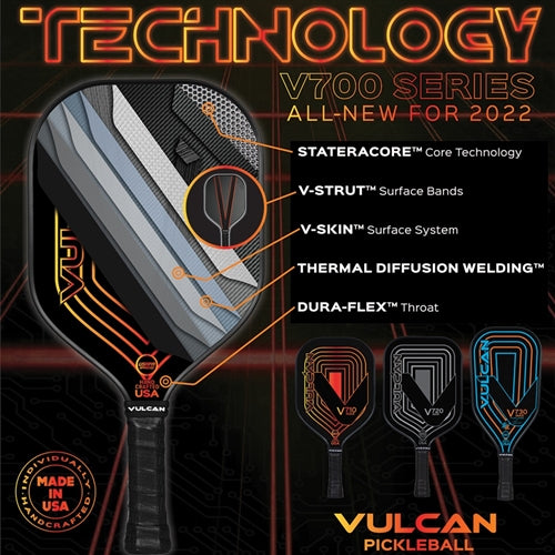 The V720 MAX Pickleball Paddle by Vulcan is like nothing else, and is available is a striking gray and black color combination.