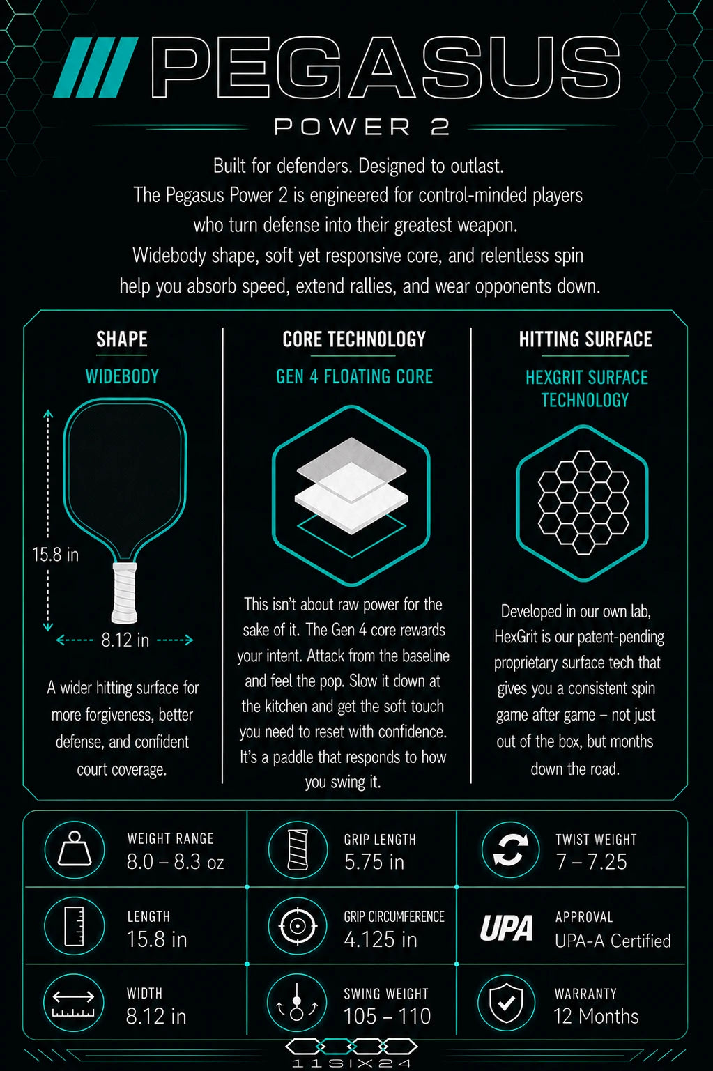 11SIX24 Pegasus Power 2 Pickleball Paddle