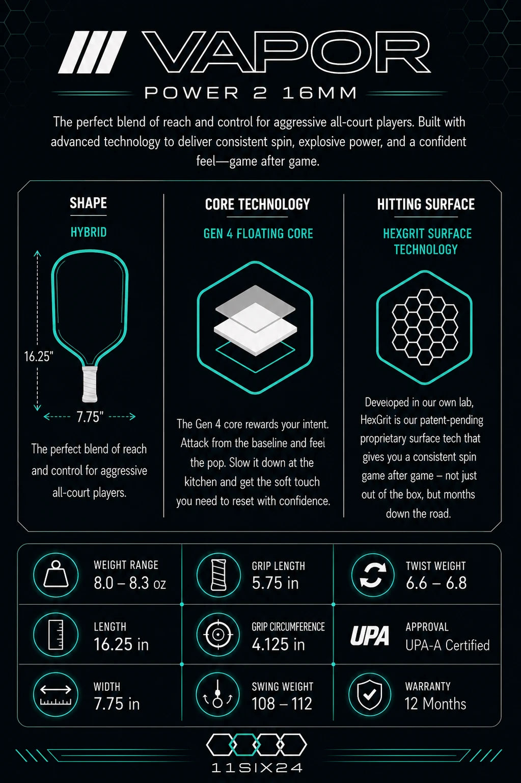 11SIX24 Vapor Power 2 Pickleball Paddle